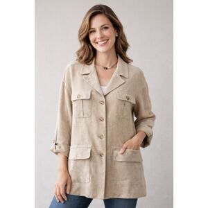 Country Shop Linen Jacket Overshirt | Elegant Neutral Button Front | XL / 1X